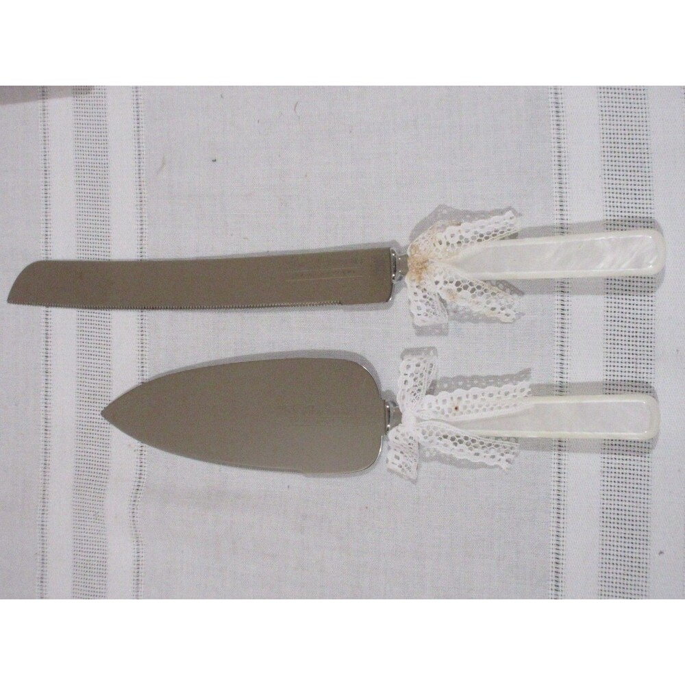 Bridal Knife Cake Cutting Set Loves Remembrance Stainless Steel Pearlized